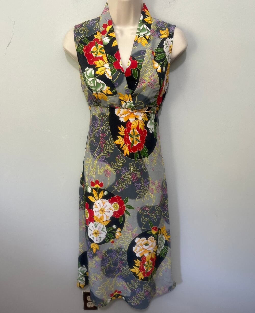 Vintage Blue Sky Dress Small Dark Floral Midi Garden Party Retro Y2K Dainty Twee